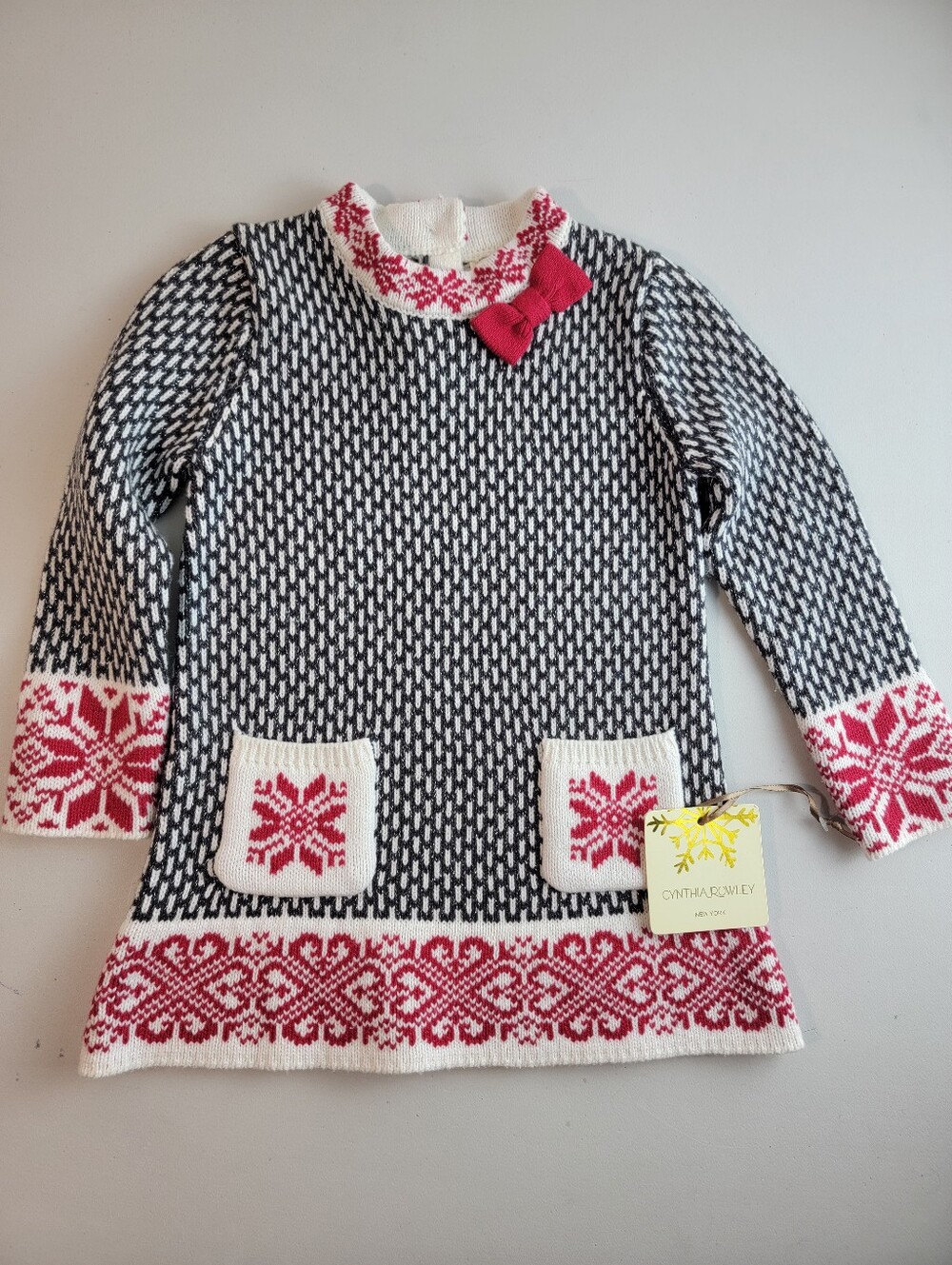 Cynthia Rowley Baby Sweater Dress Fair Isle Knit Bow Pockets 18M NWT